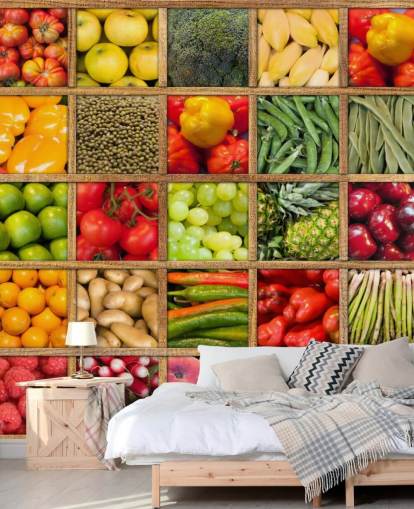 papier peint mural rouge et vert sur les fruits et légumes appelé Collection de fruits et légumes pour les cuisines et les restaurants