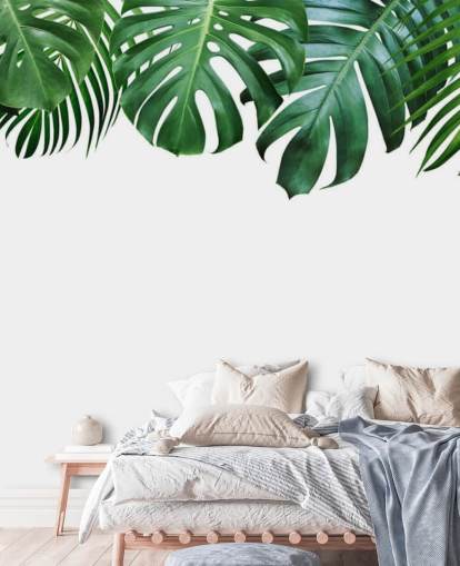 green monstera and palm leaves wallpaper