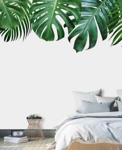 green monstera and palm leaves wallpaper