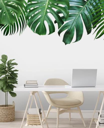 green monstera and palm leaves wallpaper