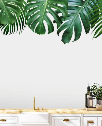 grønn monstera og palmeblader tapet