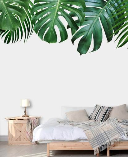 green monstera and palm leaves wallpaper