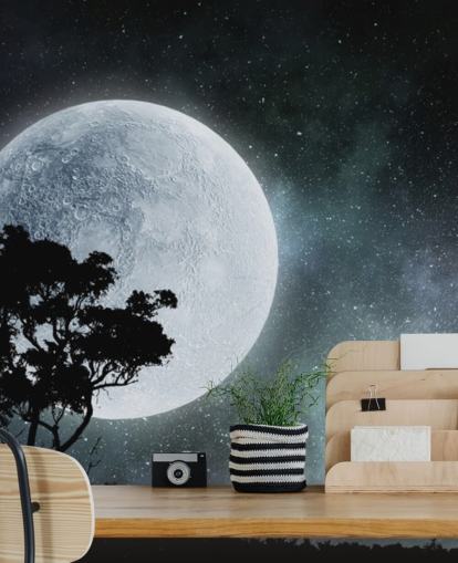 Schwarz-Weiß-Mond und Baum-Silhouette-Tapete Schwarz-Weiß-Mond und Baum-Silhouette-Tapete