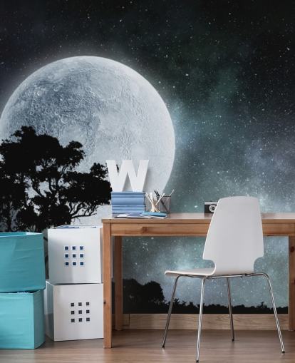 Papel pintado de silueta de árbol y luna en blanco y negro