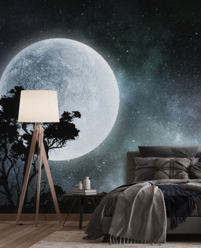 Carta da parati in bianco e nero con luna e albero