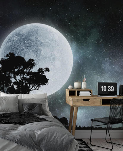 Papel de parede preto e branco da silhueta da lua e da árvore