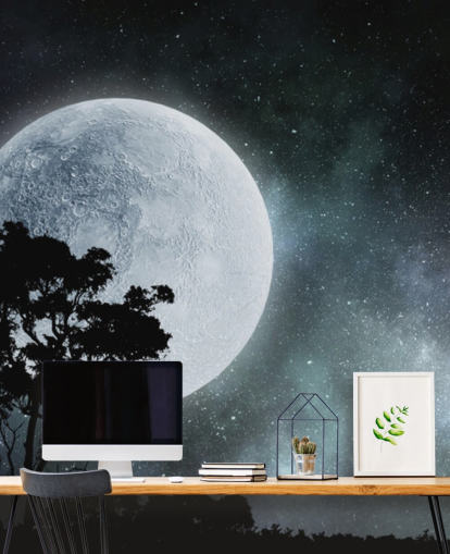 Papel de parede preto e branco da silhueta da lua e da árvore