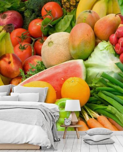 Decorazione murale con mucchio di frutta e verdura