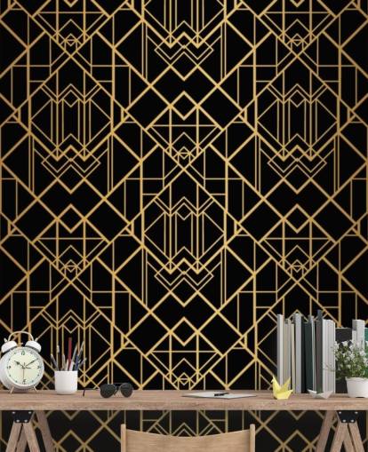 papel de parede art déco preto e dourado