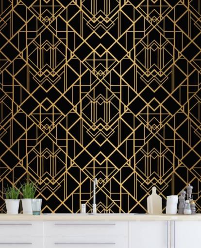 black and gold colored art deco wallpaper