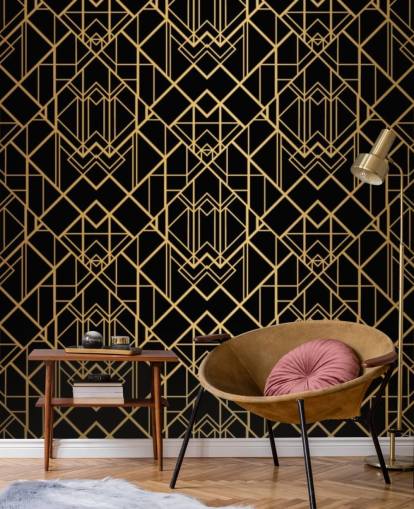 zwart en goudkleurig art deco behang