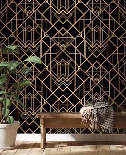 black and gold colored art deco wallpaper