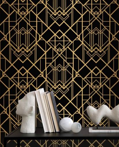 zwart en goudkleurig art deco behang