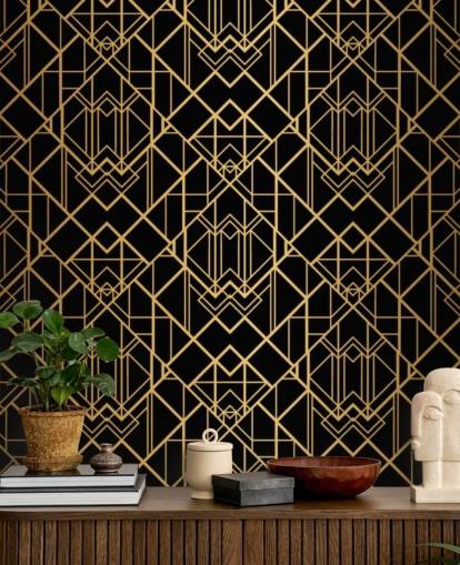 papel pintado art deco de color negro y dorado