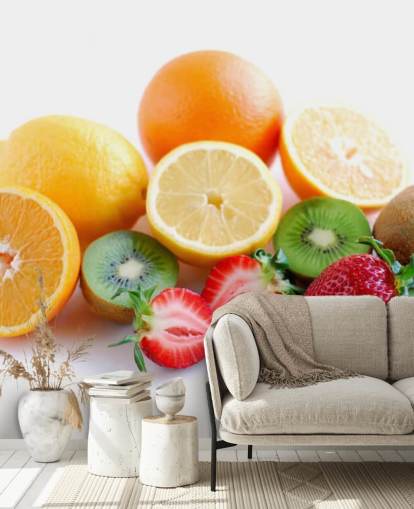 Décoration murale fruits tranchés sur fond blanc