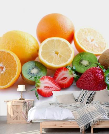 Gesneden fruit op witte achtergrond muurschildering