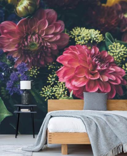 Pink, Blue and Yellow Dark Floral Wall Mural