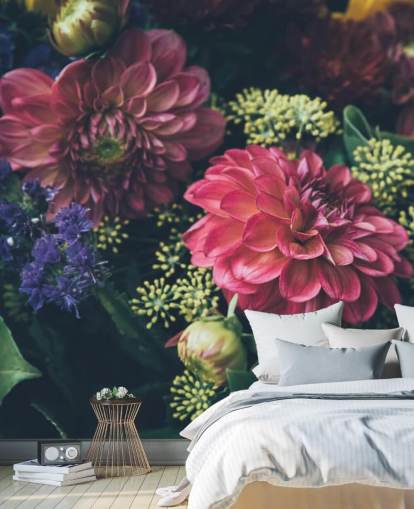 Pink, Blue and Yellow Dark Floral Wall Mural