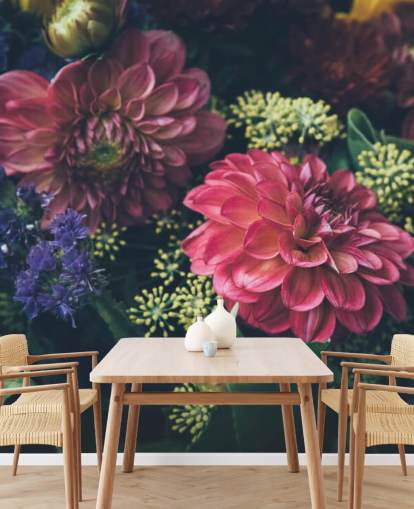 Pink, Blue and Yellow Dark Floral Wall Mural