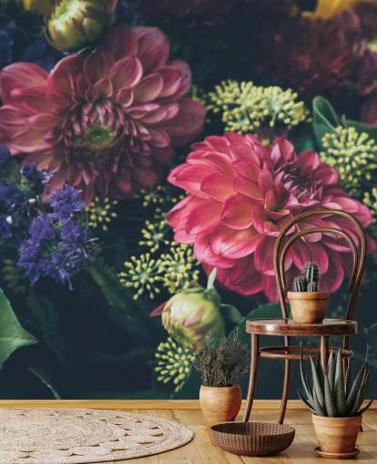 Rosa, Blå og Gul Mørk Floral Veggmaleri Rosa, Blå og Gul Mørk Floral Veggmaleri
