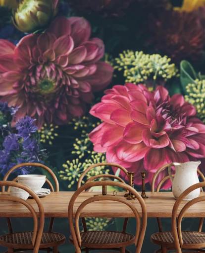 Pink, Blue and Yellow Dark Floral Wall Mural Pink, Blue and Yellow Dark Floral Wall Mural