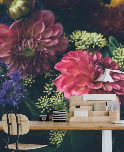 Pink, Blue and Yellow Dark Floral Wall Mural