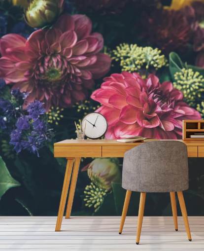 Pink, Blue and Yellow Dark Floral Wall Mural