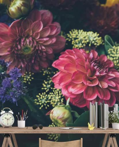Pink, Blue and Yellow Dark Floral Wall Mural