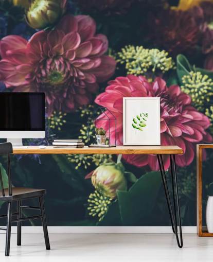 Pink, Blå og Gul Mørk Blomstret Vægmaleri