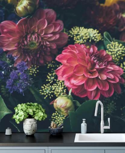 Pink, Blue and Yellow Dark Floral Wall Mural