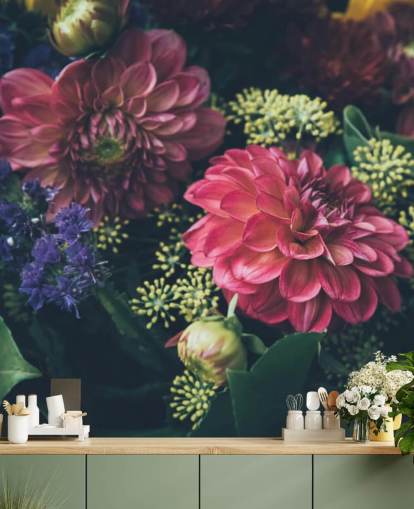 Pink, Blue and Yellow Dark Floral Wall Mural