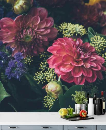 Pink, Blue and Yellow Dark Floral Wall Mural