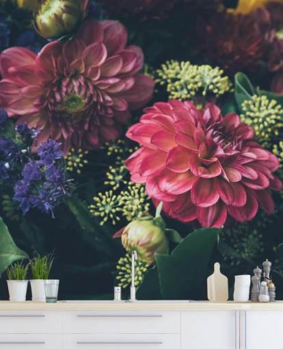 Pink, Blue and Yellow Dark Floral Wall Mural Pink, Blue and Yellow Dark Floral Wall Mural