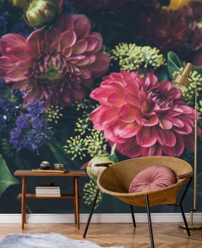 Pink, Blue and Yellow Dark Floral Wall Mural