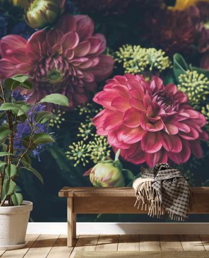 Mural de parede floral escuro rosa, azul e amarelo Mural de parede floral escuro rosa, azul e amarelo