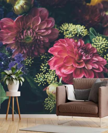 Mural de parede floral escuro rosa, azul e amarelo