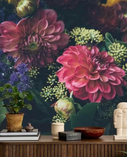 Mural de parede floral escuro rosa, azul e amarelo Mural de parede floral escuro rosa, azul e amarelo