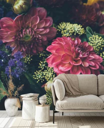 Pink, Blue and Yellow Dark Floral Wall Mural