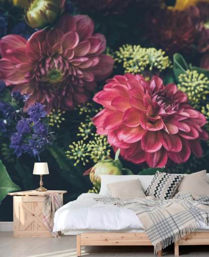 Mural de pared Flores oscuras rosas, azules y amarillas Mural de pared Flores oscuras rosas, azules y amarillas