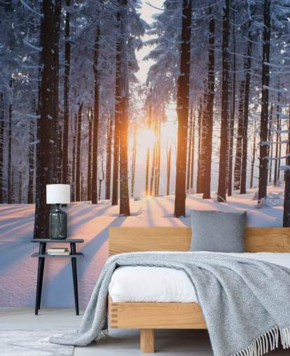 witte en bruine bosbehangmuurschildering genaamd Sunset in the Woods voor woonkamers, kantoren en bedrijven