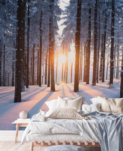 weiße und braune Waldtapete namens Sunset in the Woods für Wohnzimmer, Büros und Unternehmen