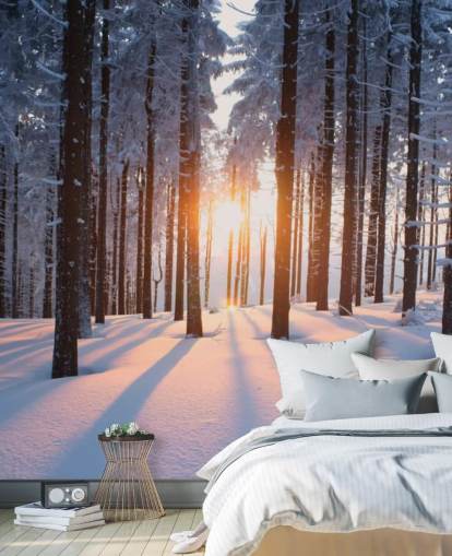 white and brown woodland wallpaper mural called Sunset in the Woods for living rooms, offices and businesses