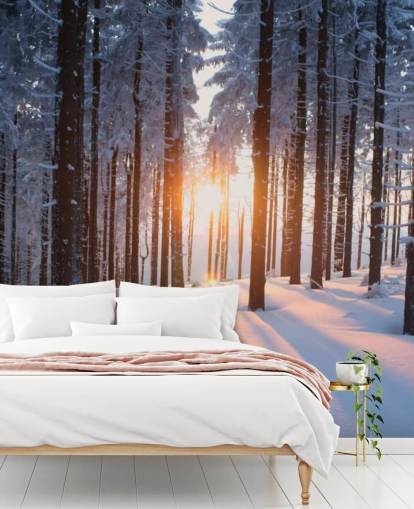 witte en bruine bosbehangmuurschildering genaamd Sunset in the Woods voor woonkamers, kantoren en bedrijven
