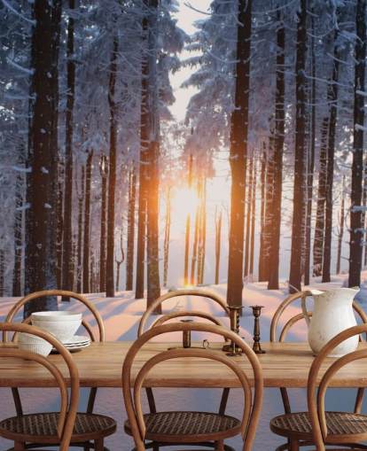 hvitt og brunt skogstapetveggmaleri kalt Sunset in the Woods for stuer, kontorer og bedrifter