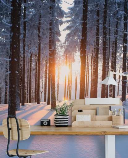 witte en bruine bosbehangmuurschildering genaamd Sunset in the Woods voor woonkamers, kantoren en bedrijven