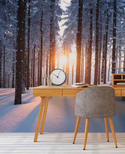 witte en bruine bosbehangmuurschildering genaamd Sunset in the Woods voor woonkamers, kantoren en bedrijven