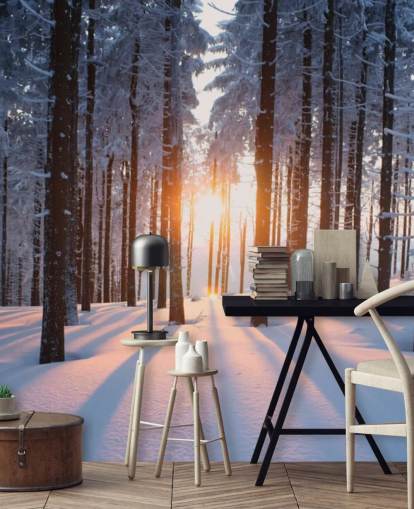 witte en bruine bosbehangmuurschildering genaamd Sunset in the Woods voor woonkamers, kantoren en bedrijven