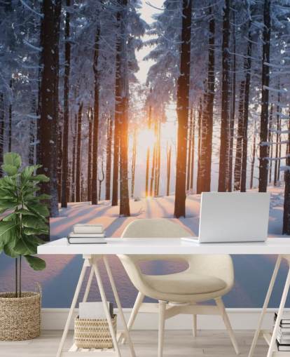 white and brown woodland wallpaper mural called Sunset in the Woods for living rooms, offices and businesses