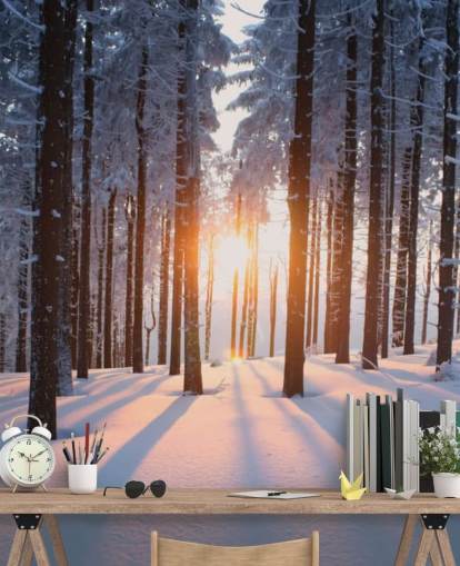 mural de papel pintado de un bosque blanco y marrón llamado Puesta de sol en el bosque para salas de estar, oficinas y negocios mural de papel pintado de un bosque blanco y marrón llamado Puesta de sol en el bosque para salas de estar, oficinas y negocios
