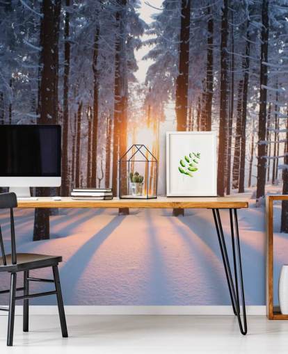 white and brown woodland wallpaper mural called Sunset in the Woods for living rooms, offices and businesses